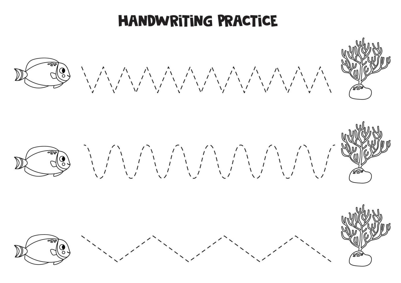 Tracing lines for kids. Cute fish and coral. Writing practice. vector