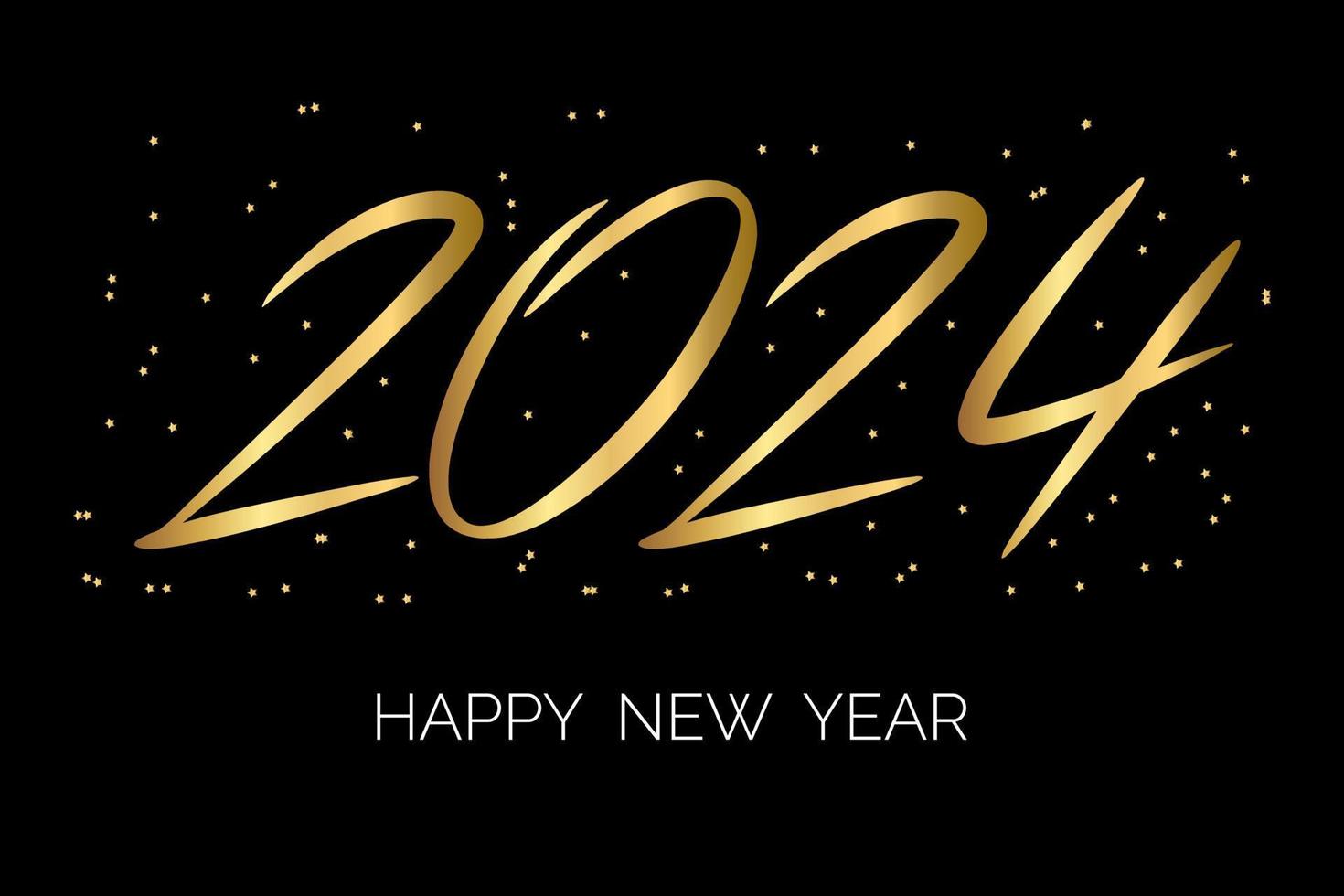 Golden inscription 2024 with stars, Happy New Year, on a black background. vector