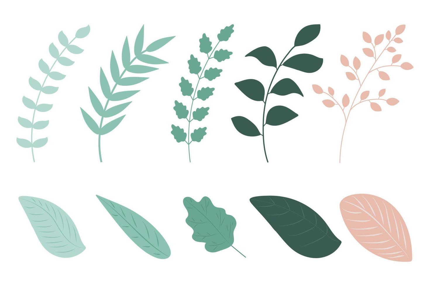 Set of twigs and leaves for design in mint and pink pastel colors. Elements are isolated and editable vector