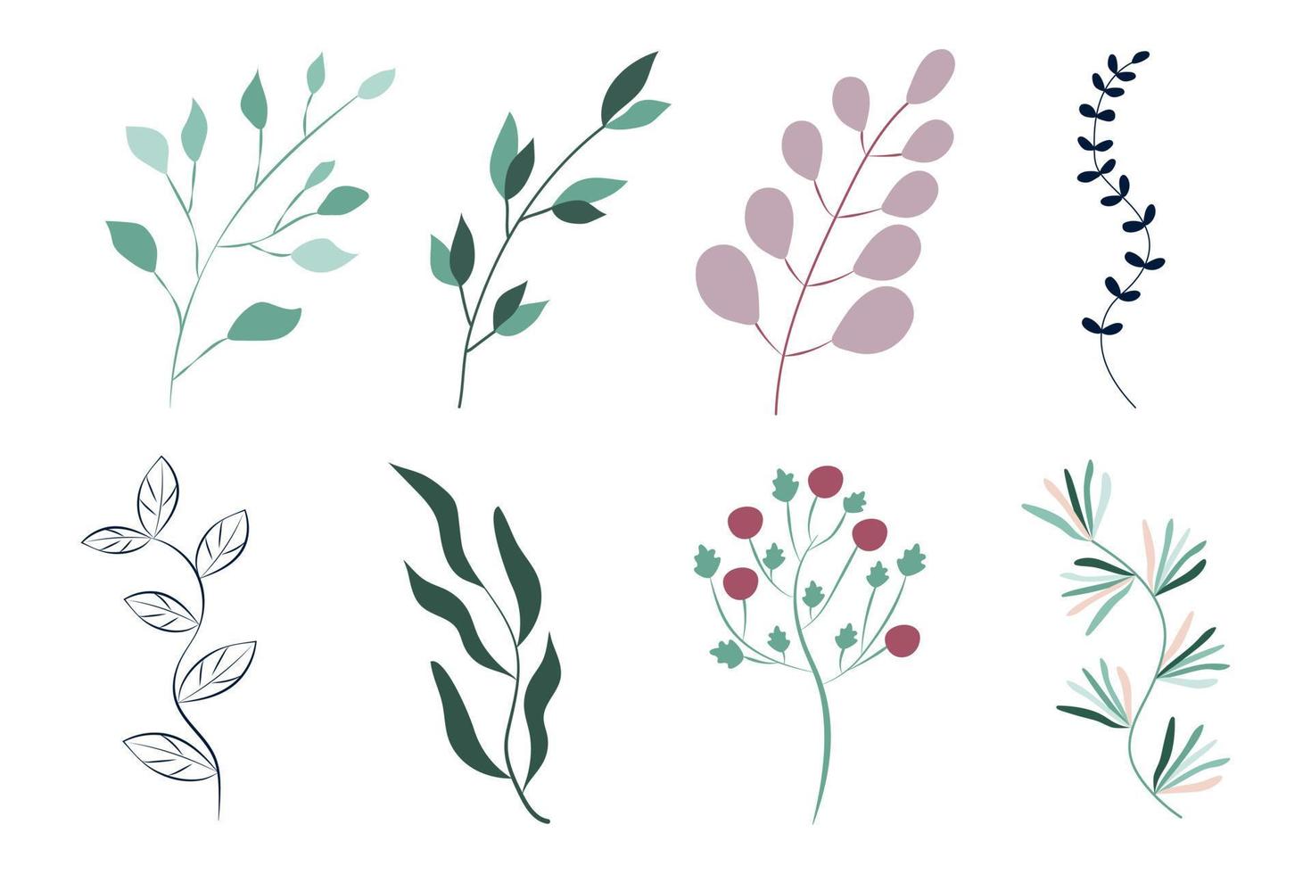 Sprigs of leaves in mint and pink color for the design of postcard invitations, pattern, wallpaper, packaging. Editable design. vector