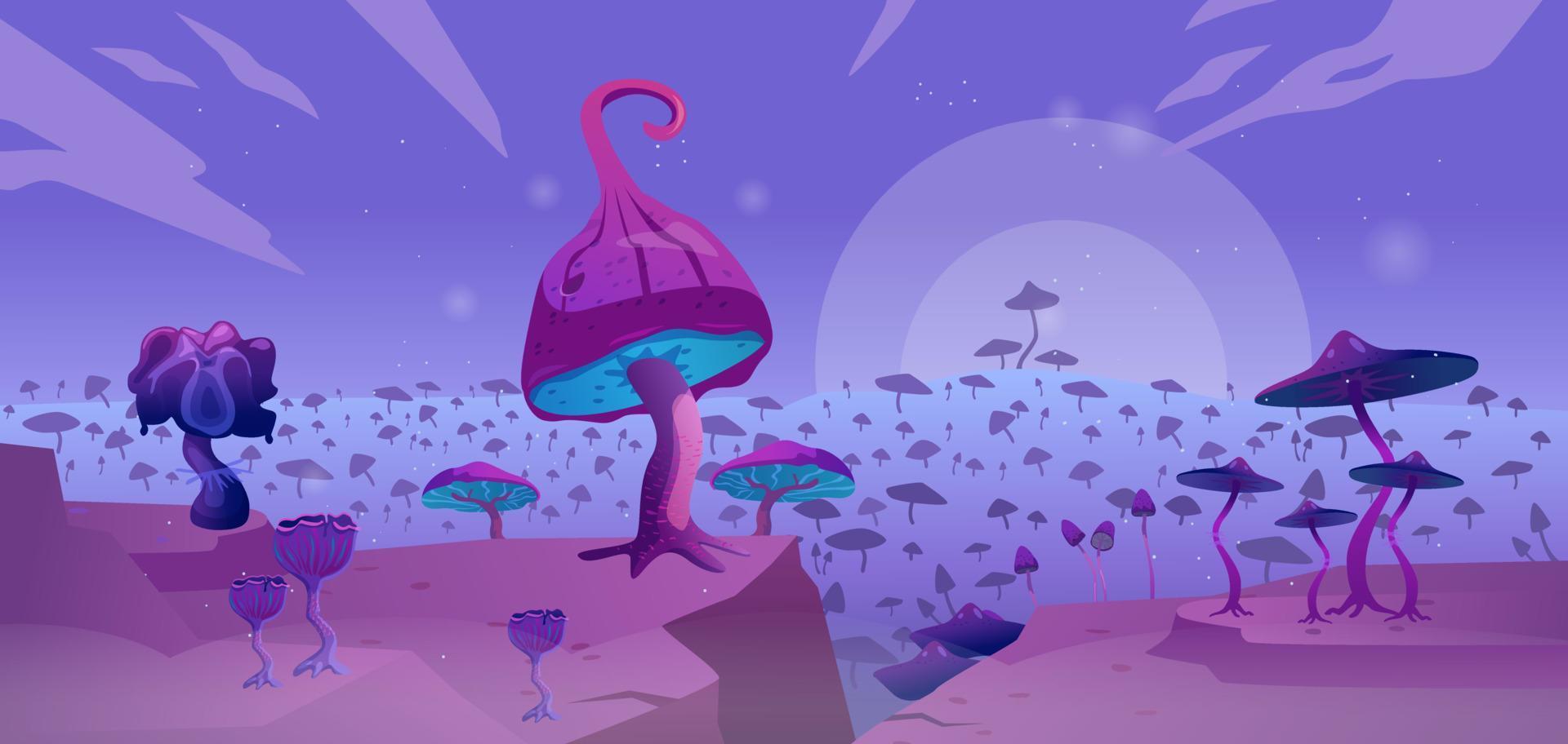 Surreal landscape with glowing magic mushrooms. Gaming fantasy background. vector