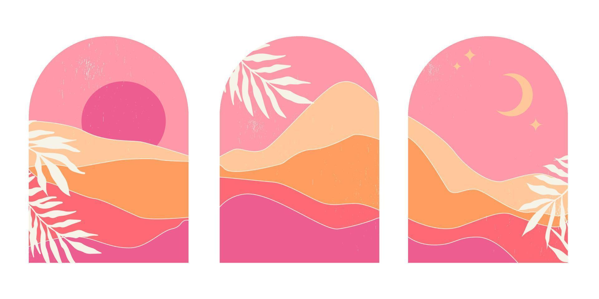 Set of abstract mountain landscapes in arches at sunset with sun and moon in aesthetic minimalist mid century style in pink and sand colors. Background for social media or print. vector