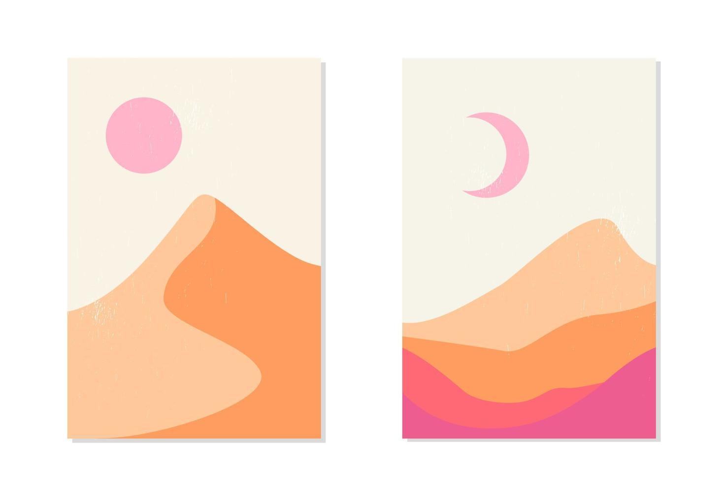 Abstract modern mountain landscape and desert with sand dune under the sun and moon. Mid century minimalistic trendy background. Organic shape in pink sandy tones. Background for social media vector