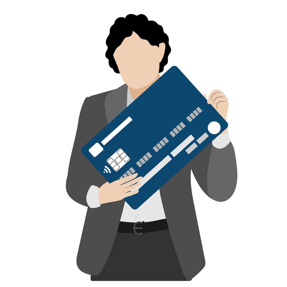 A man holding a bank card in front of him in his hands. The concept of bank deposits, electronic money, online payment, financial transactions. vector