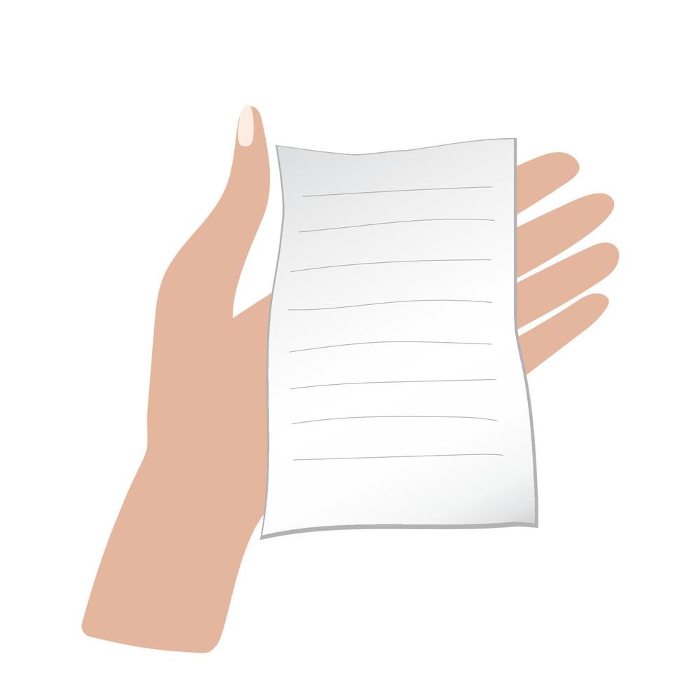 Hand with white crumpled piece of paper in a line. Vector illustration for list, notes, scrapbook