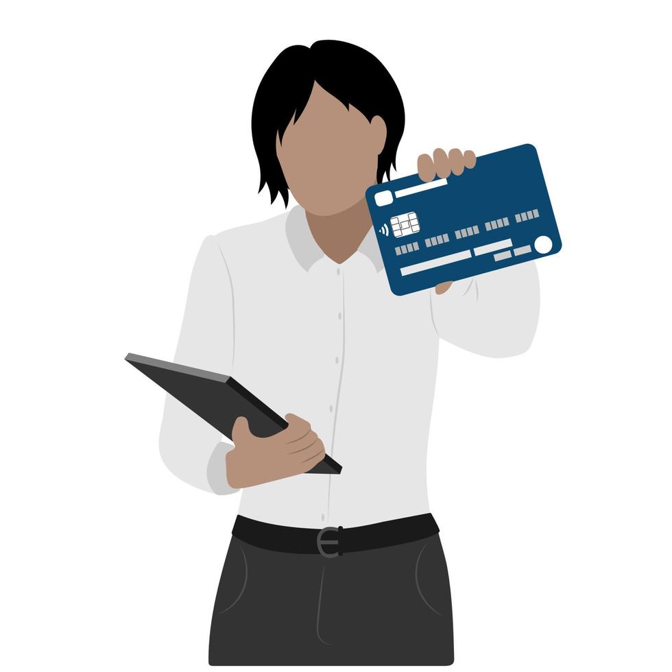 A man with bank card and tablet. The concept of bank deposits, electronic money, online payment, financial transactions. vector