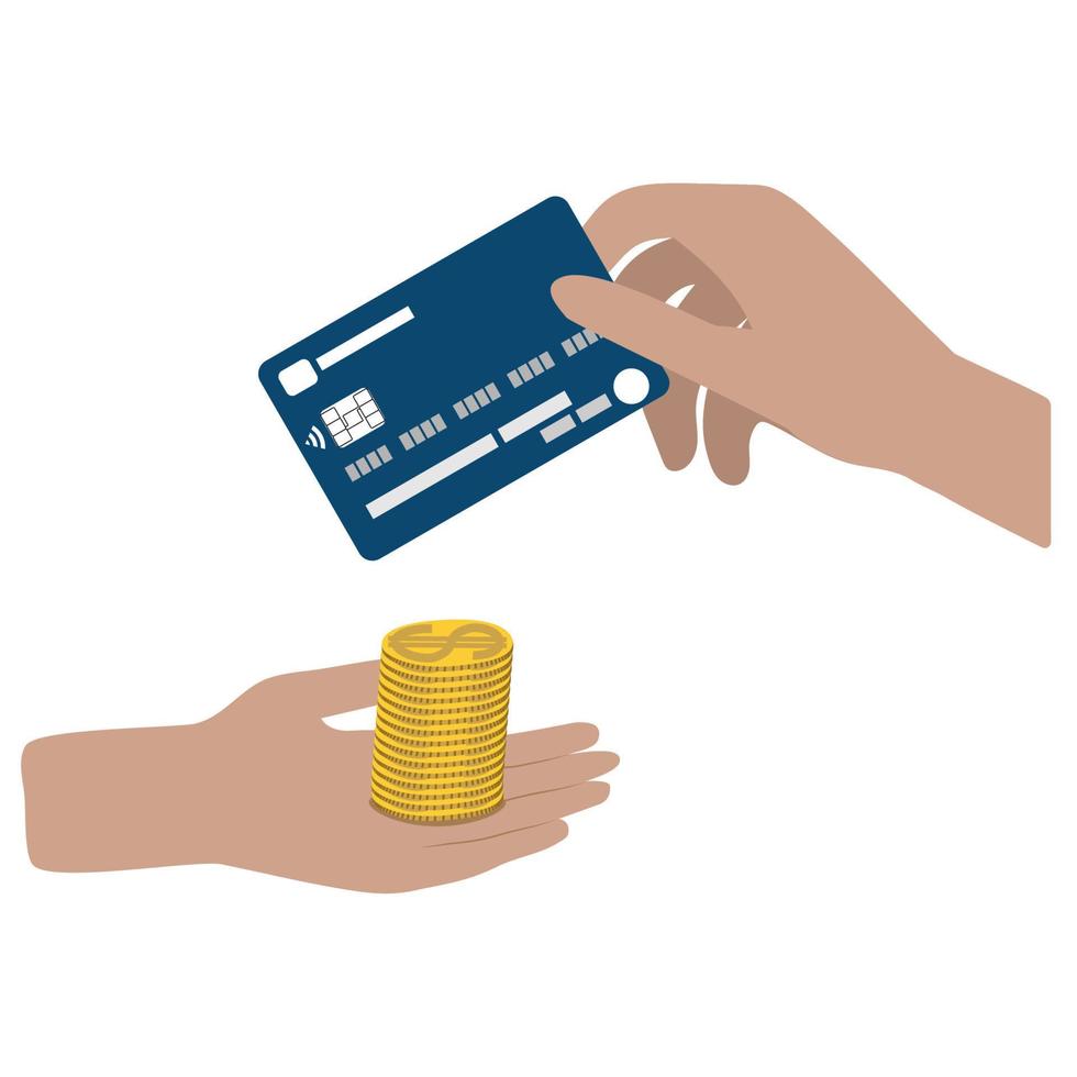 Hands with bank card and stacks of golden dollar coins. The concept of saving money, savings, digital money, replenishing a bank account vector