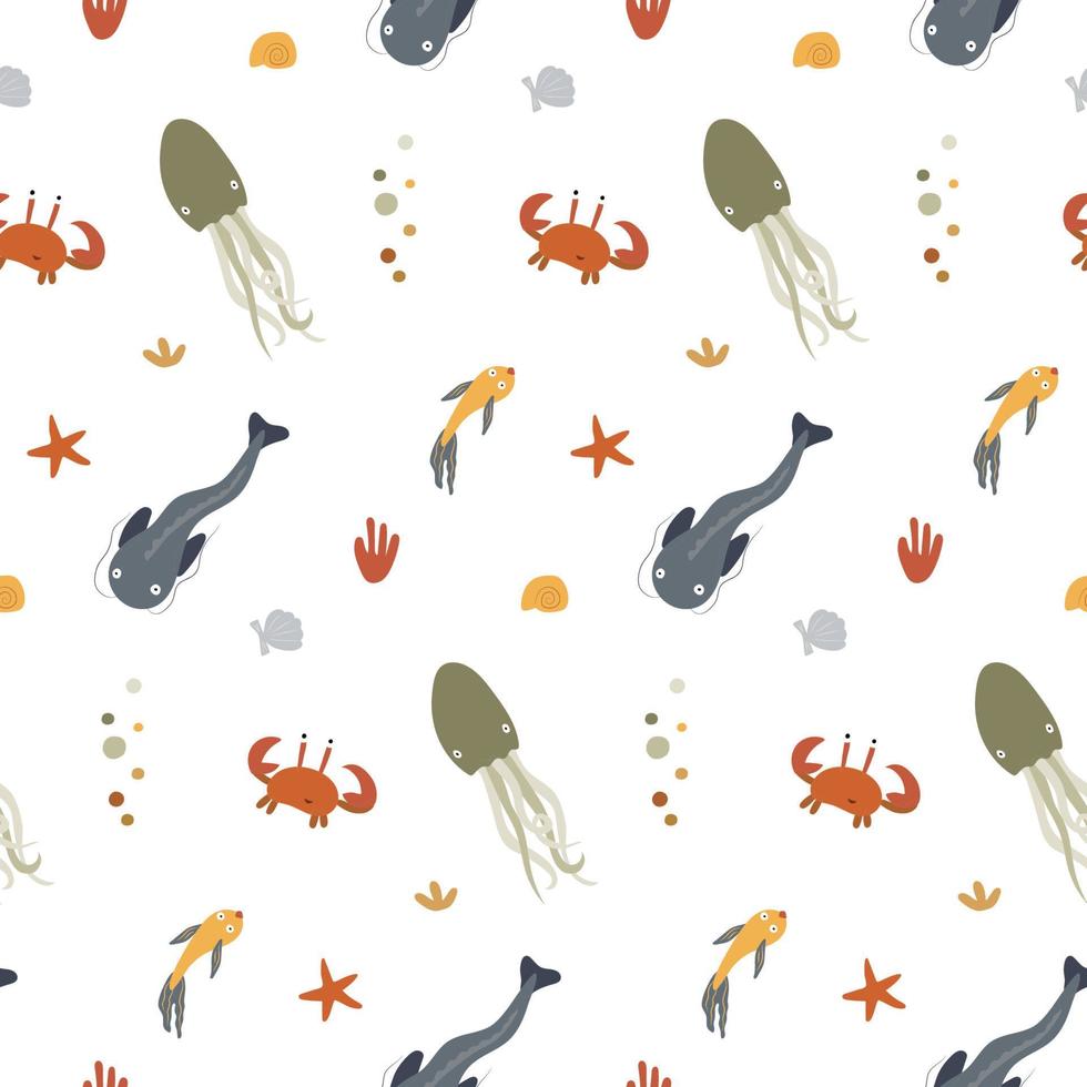 Seamless pattern with fish, crabs and squids, algae, starfish and seashells on a white. Background, wrapping paper vector