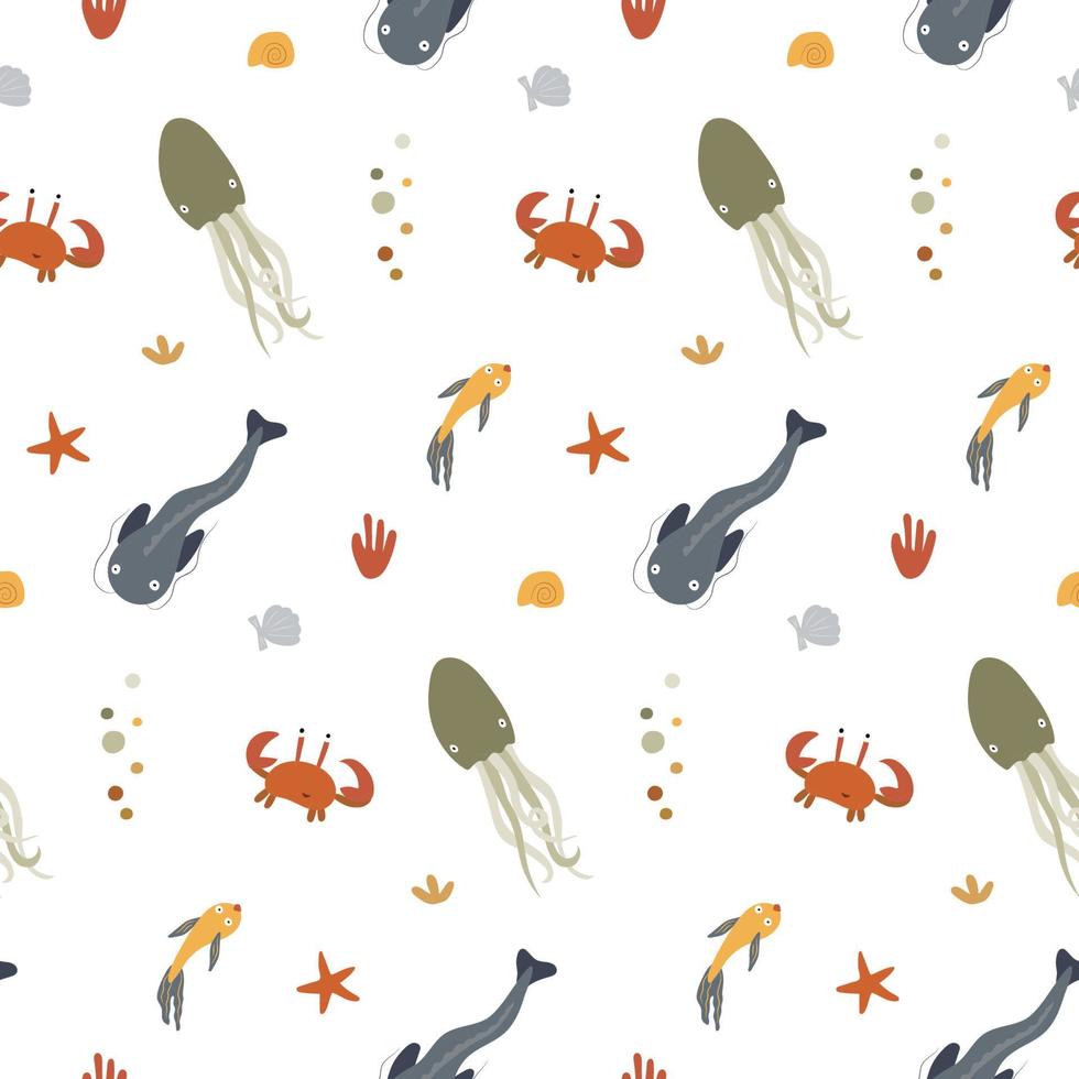 Seamless pattern with fish, crabs and squids, algae, starfish and seashells on a white. Background, wrapping paper vector