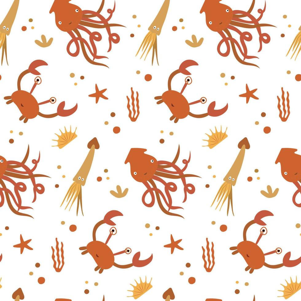 Seamless pattern with crabs and squids, algae, starfish and shells on a white. Background, wrapping paper vector