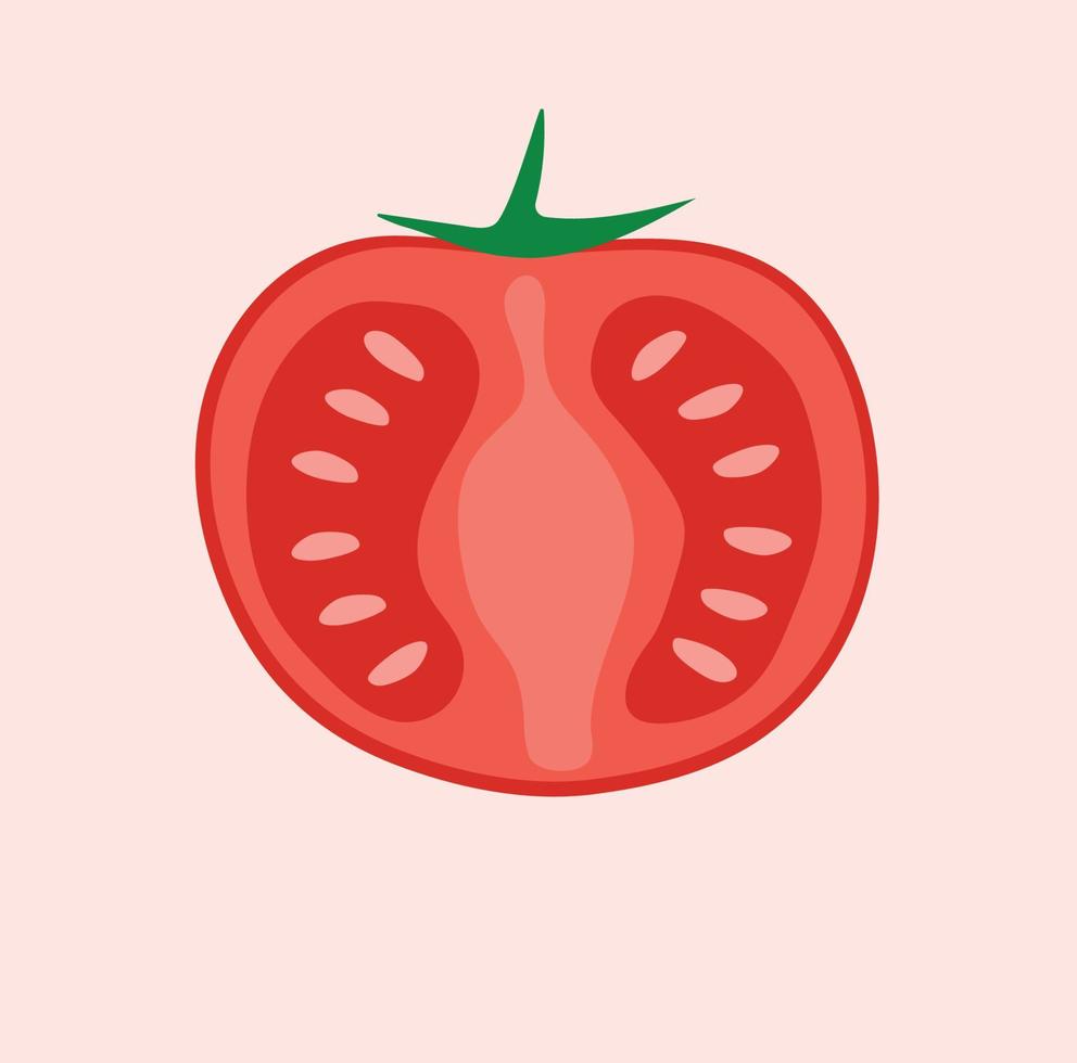 Tomato red fresh with leaves. Slice tomato with tomato seeds on pink background. Cartoon style. Isolated vector