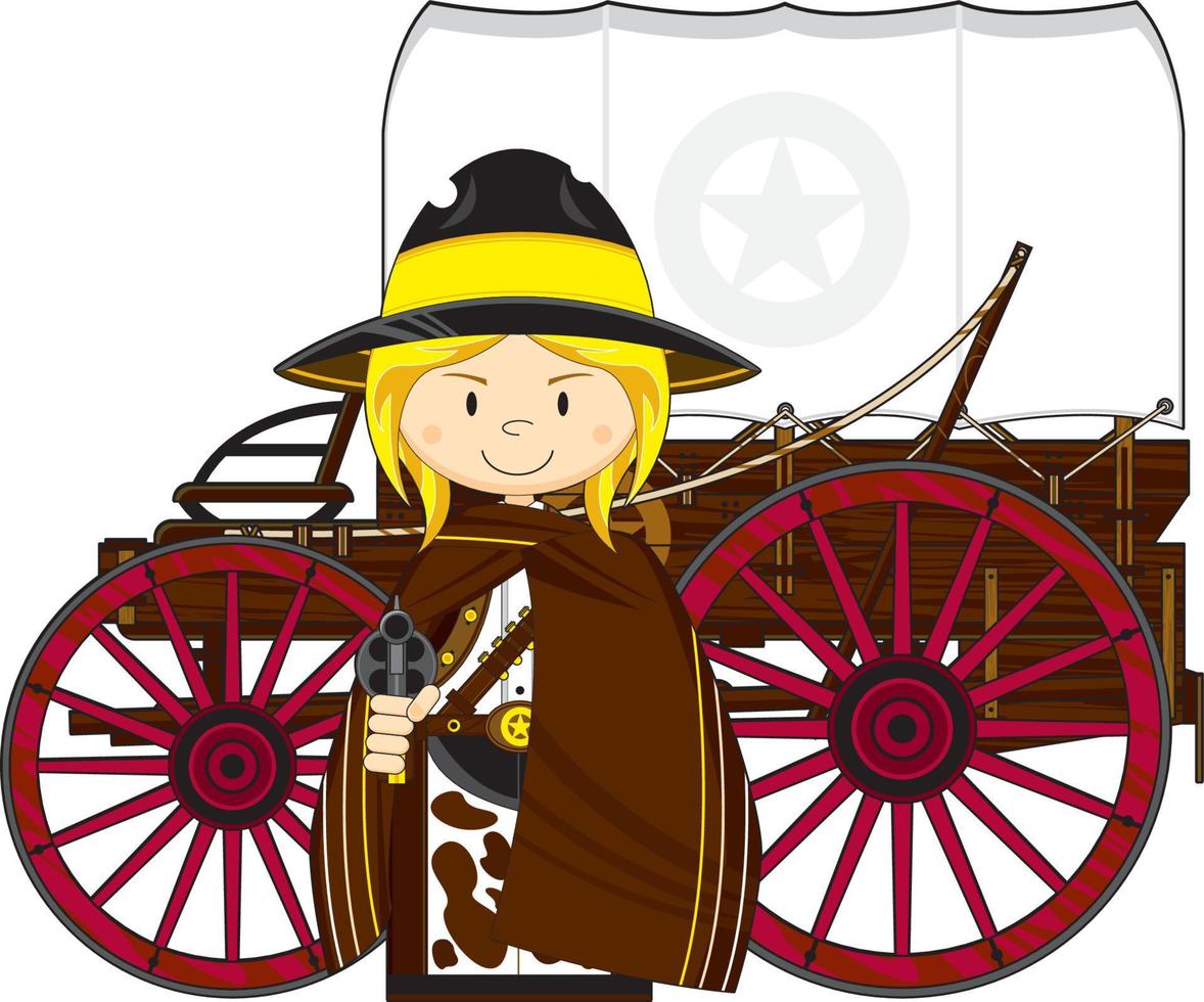 Cute Cartoon Wild West Cowgirl Gunslinger with Chuck Wagon vector