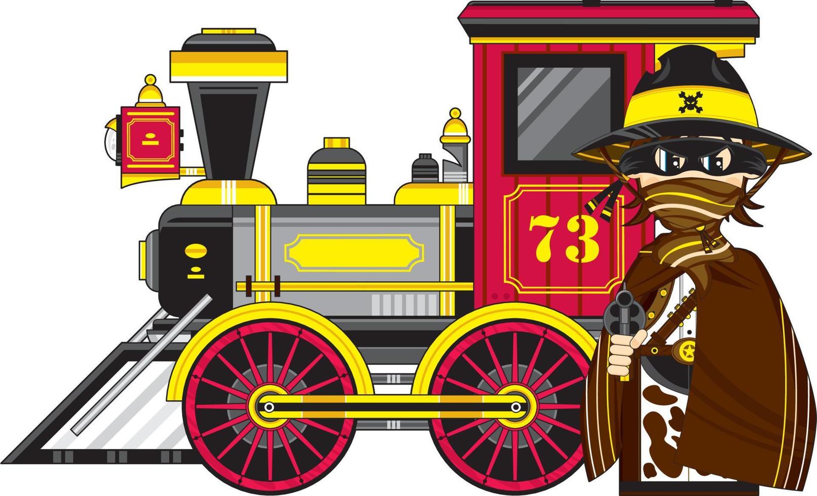 Cute Cartoon Wild West Masked Cowboy Gunslinger with Steam Train vector