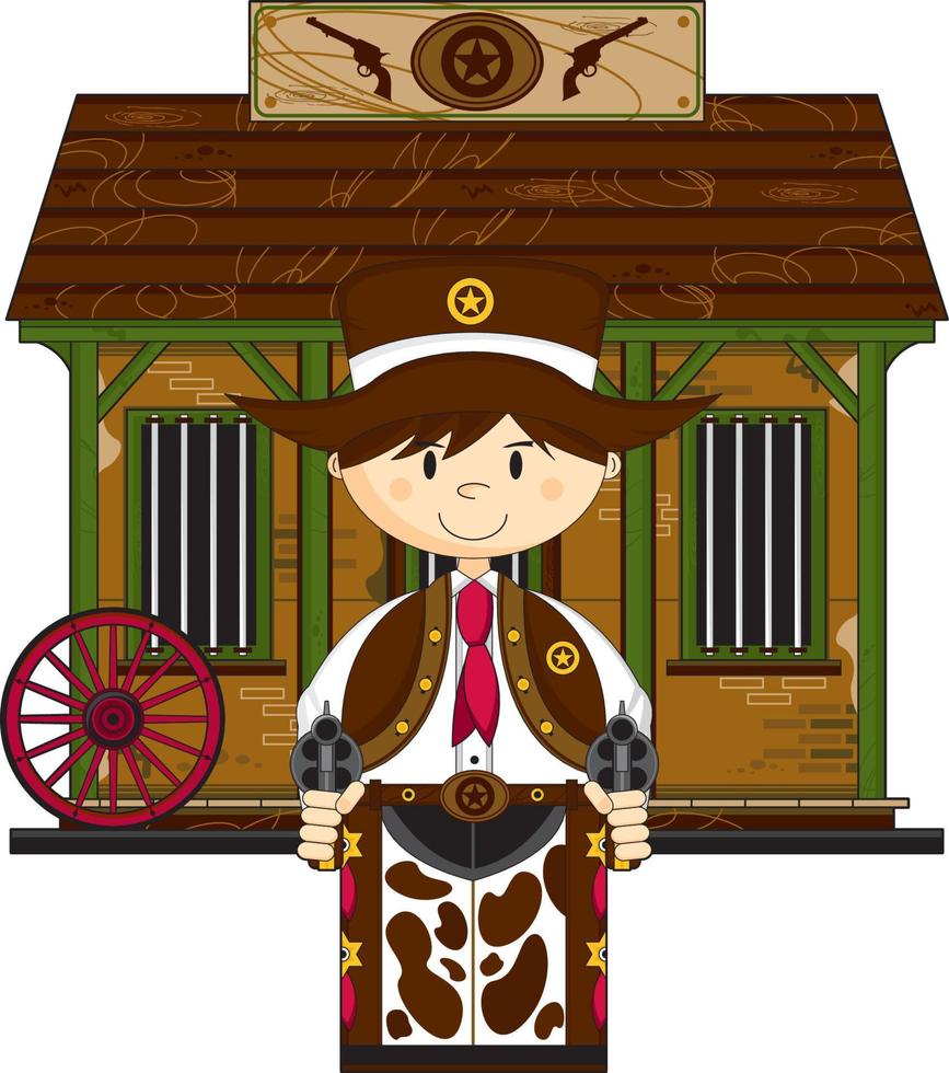 Cute Cartoon Wild West Cowboy Sheriff at the Jailhouse vector