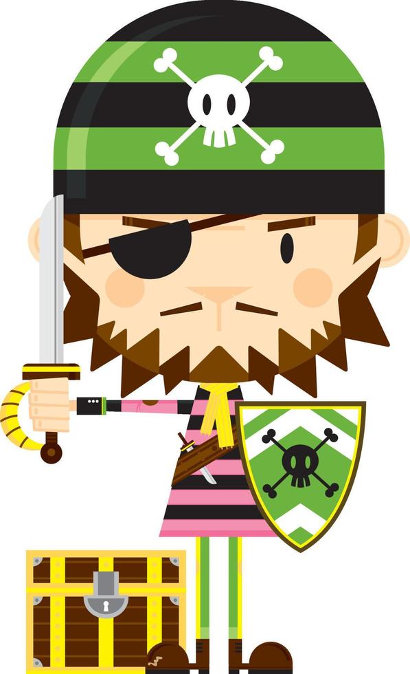 Cute Cartoon Swashbuckling Eyepatch Pirate with Treasure Chest vector