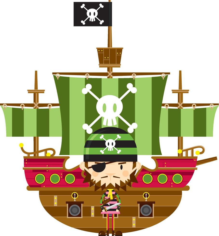 Cute Cartoon Swashbuckling Eyepatch Pirate with Ship vector