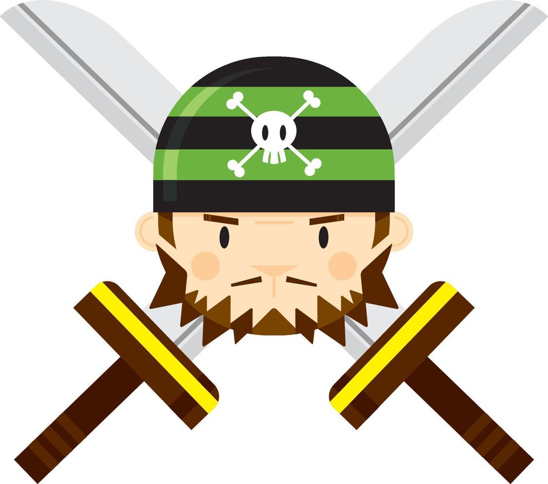 dibujos animados bravucón pañuelo pirata con cruzado espadas vector