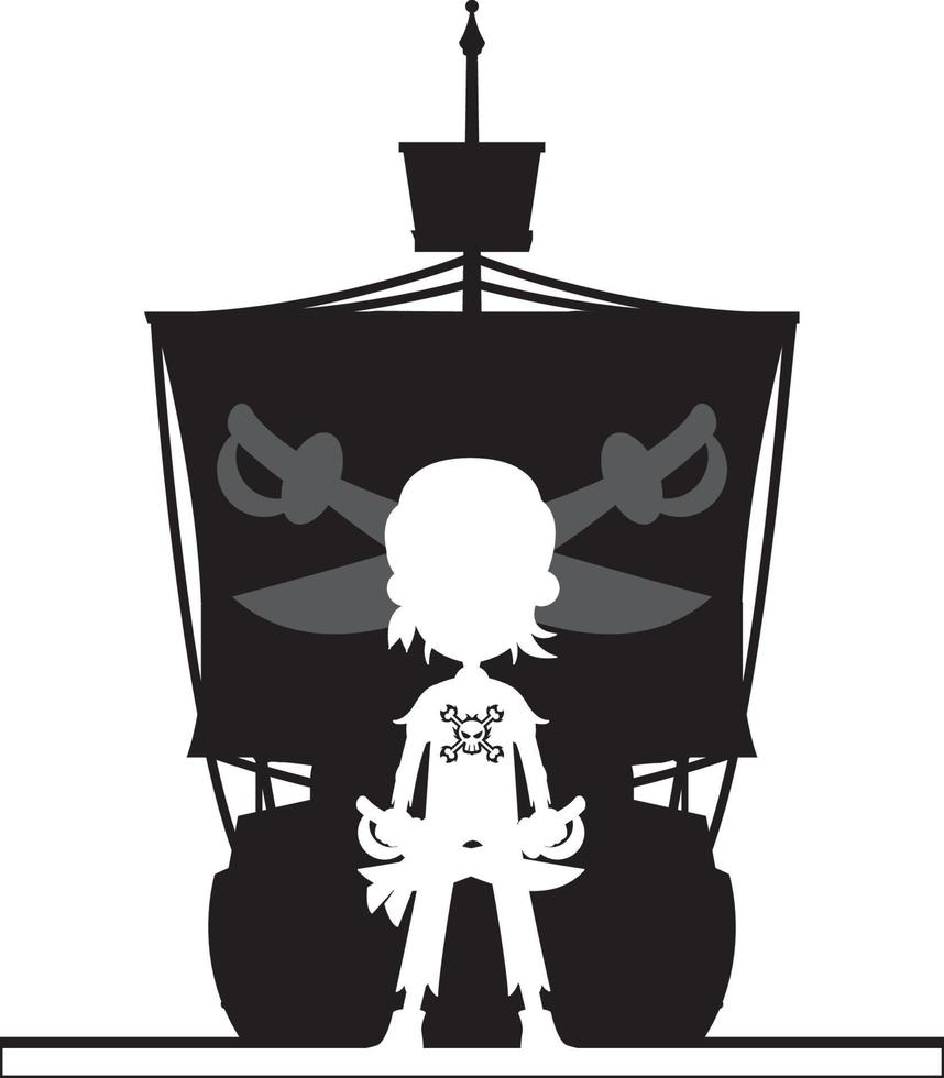 Cartoon Swashbuckling Pirate with Ship in Silhouette vector