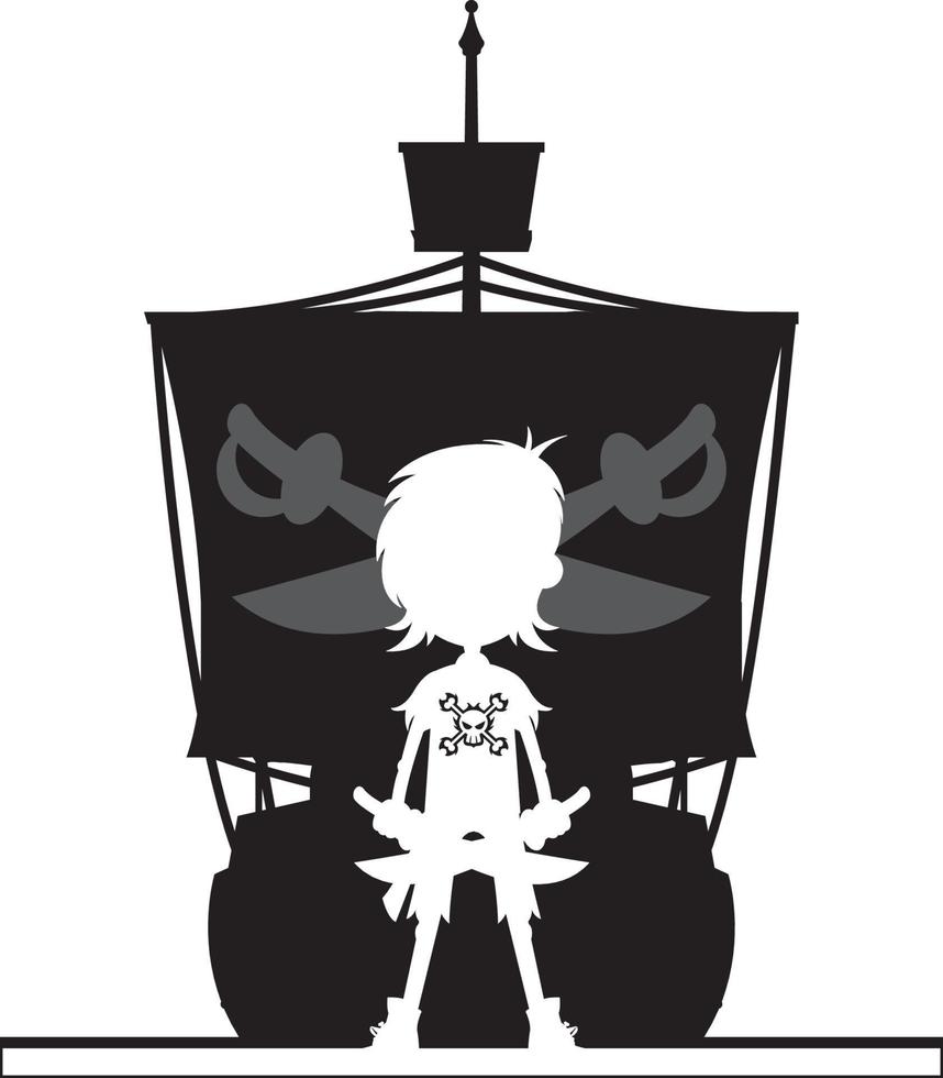 Cartoon Swashbuckling Pirate with Ship in Silhouette vector