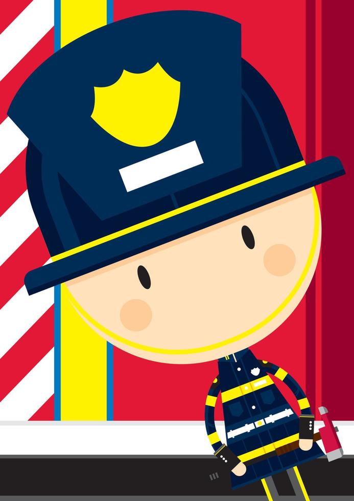 linda dibujos animados bombero personaje con hacha vector