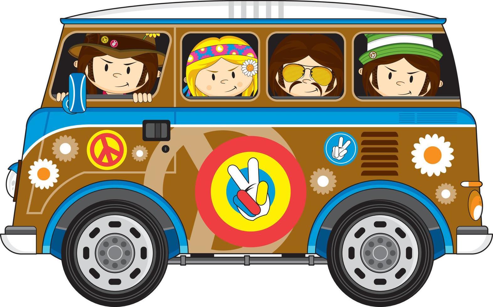 dibujos animados sesenta hippie caracteres y camper camioneta vector