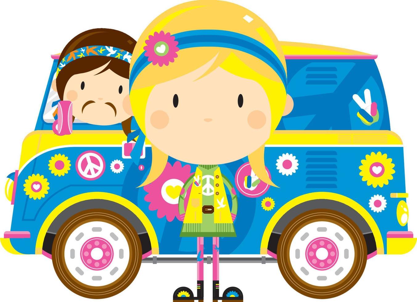 Cartoon Sixties Hippies with Camper Van vector