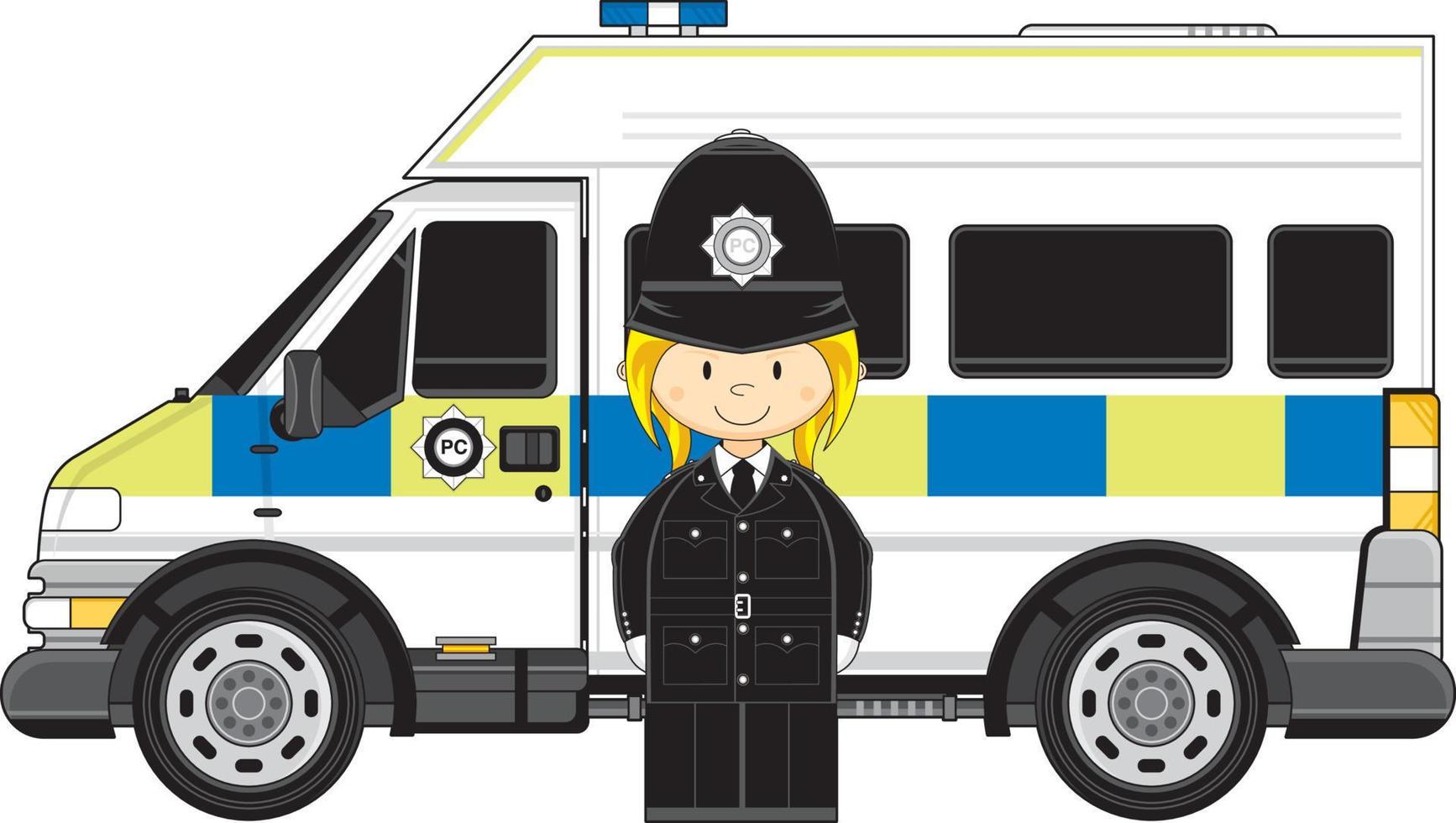 Cartoon Classic British Policewoman and Police Van vector