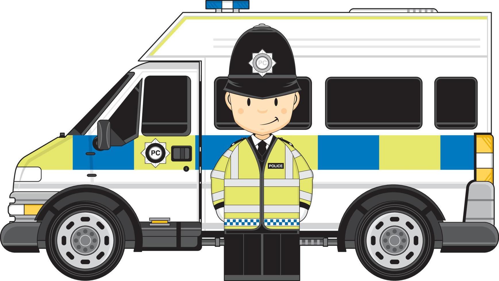 Cartoon Classic British Policeman and Police Van vector