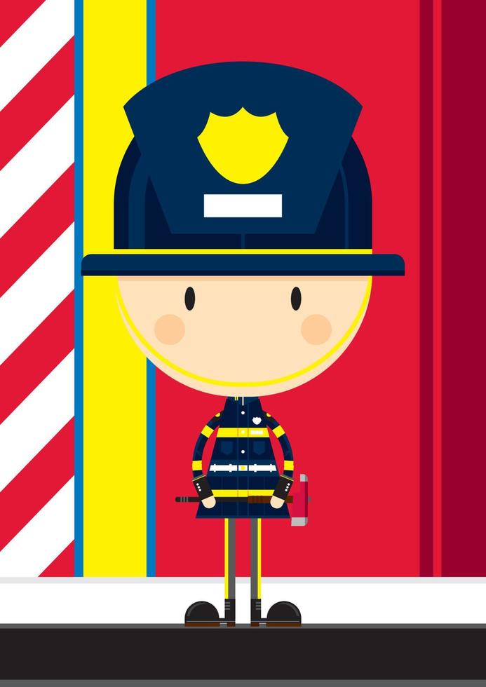 Cute Cartoon Fireman Character with Axe vector