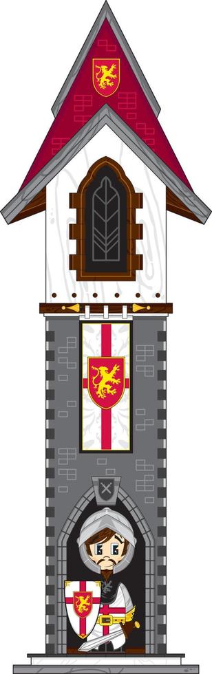 Cartoon Brave Medieval Knight at Tower Guardhouse vector