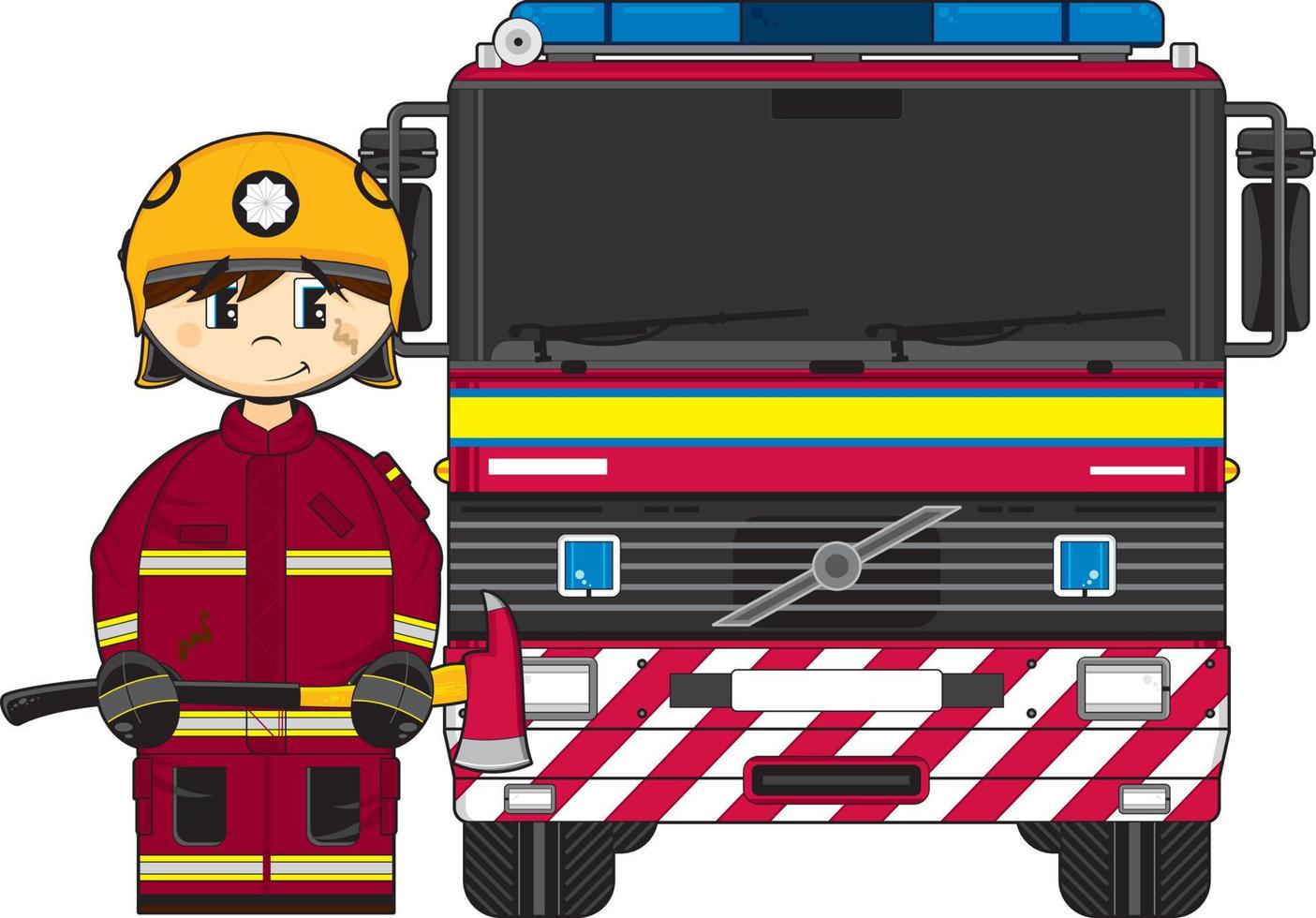 linda dibujos animados bombero y fuego motor vector