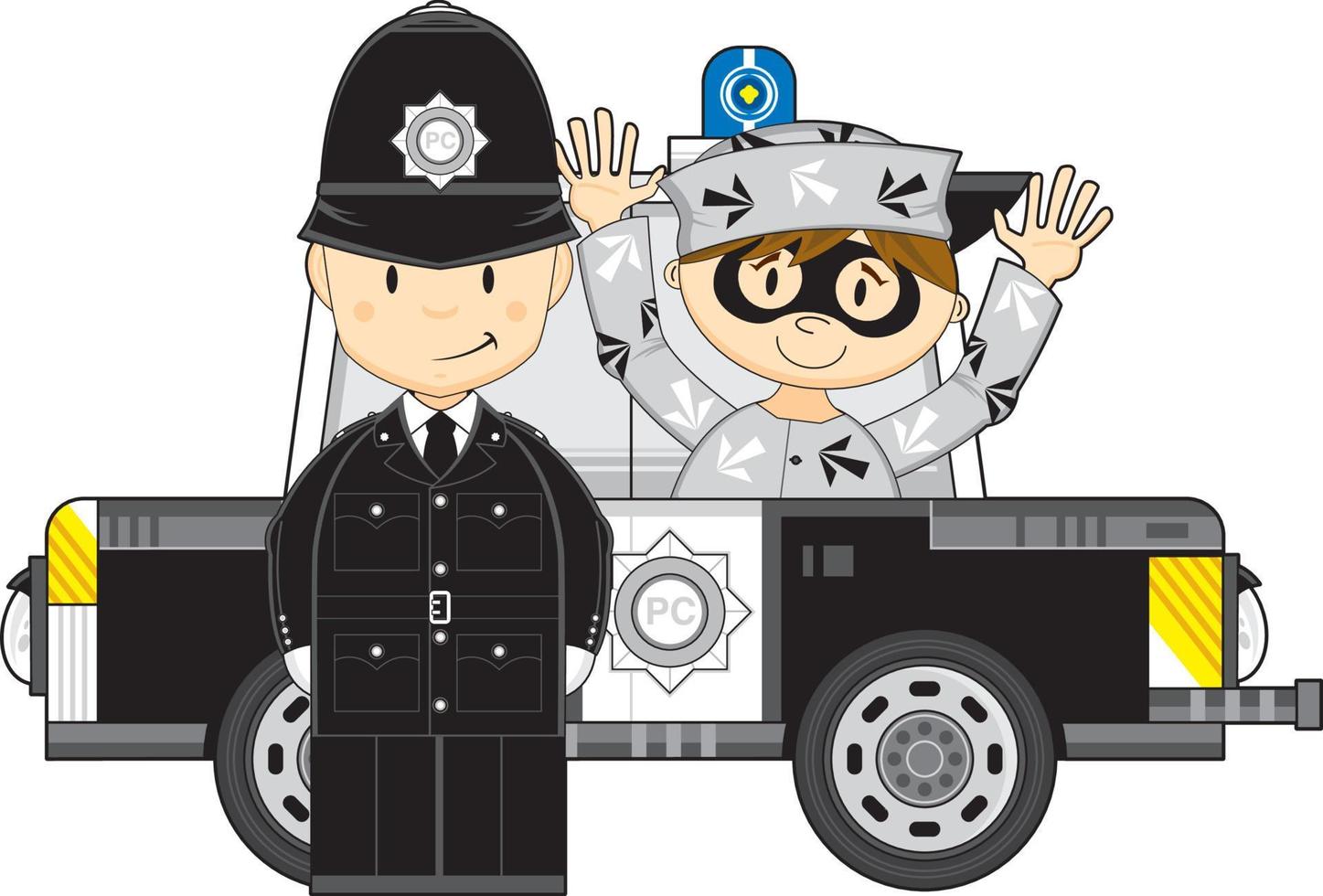 Cute Cartoon Policeman with Robber in Police Car vector