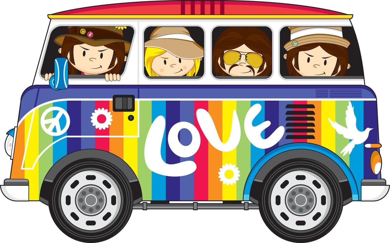 dibujos animados sesenta hippie caracteres y camper camioneta vector