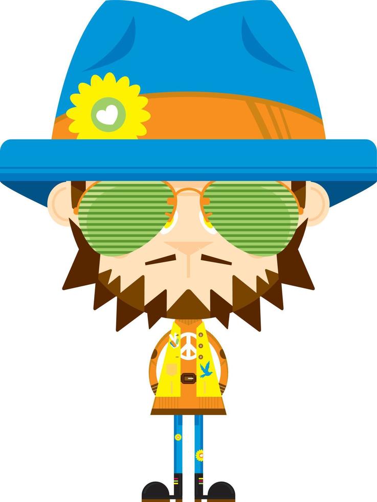 dibujos animados sesenta hippie personaje en sombrero y Gafas de sol vector