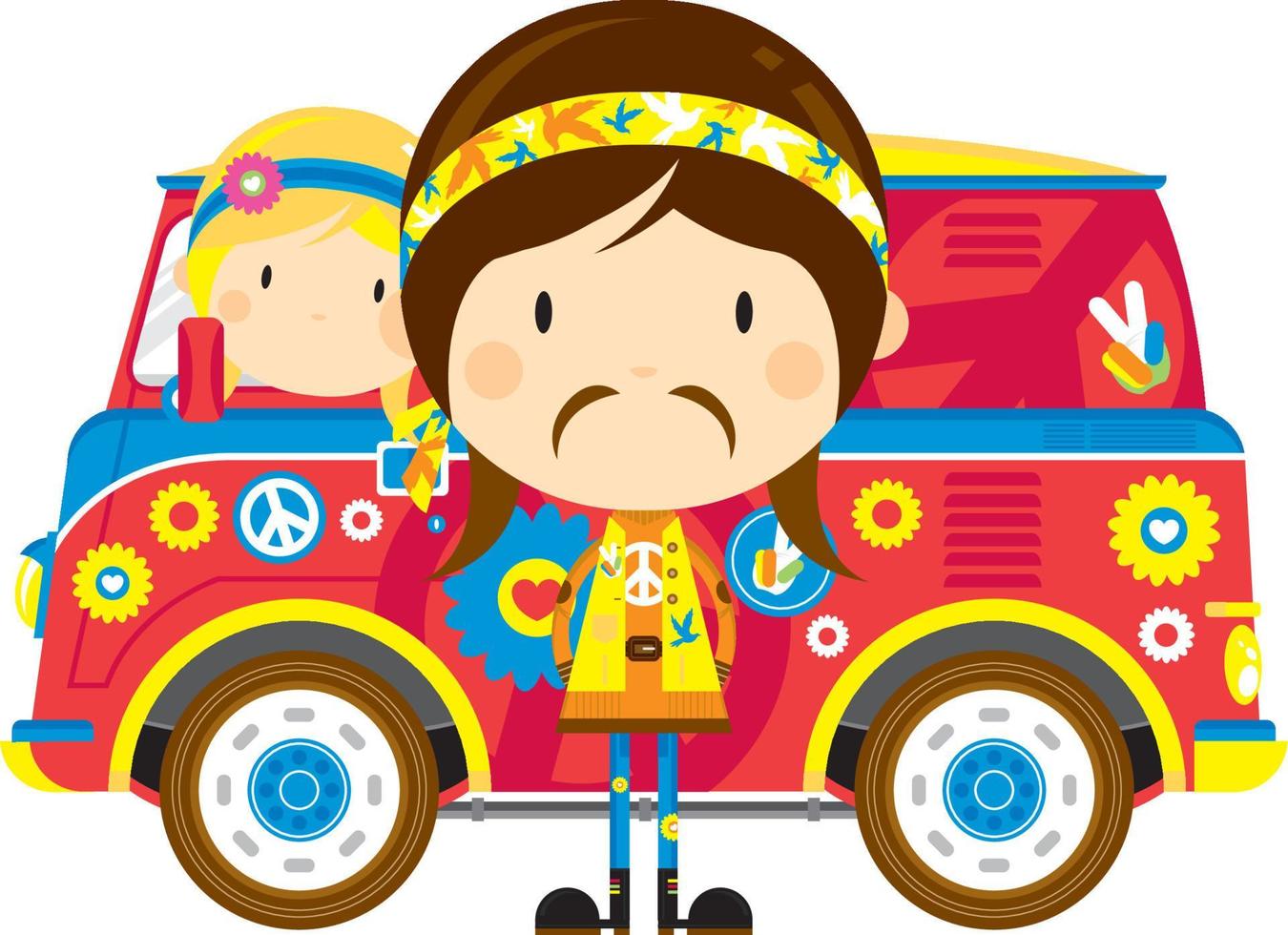 dibujos animados sesenta hippies con camper camioneta vector