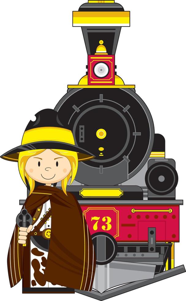 linda dibujos animados salvaje Oeste vaquera pistolero en poncho con vapor tren vector