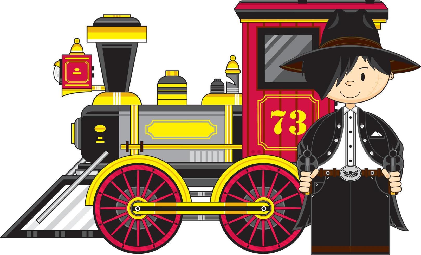 Cute Cartoon Wild West Cowboy Gunslinger with Steam Train vector