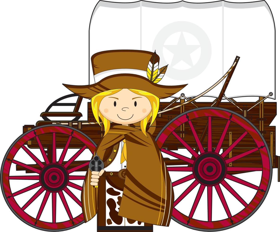 Cute Cartoon Wild West Cowgirl Gunslinger with Chuck Wagon vector
