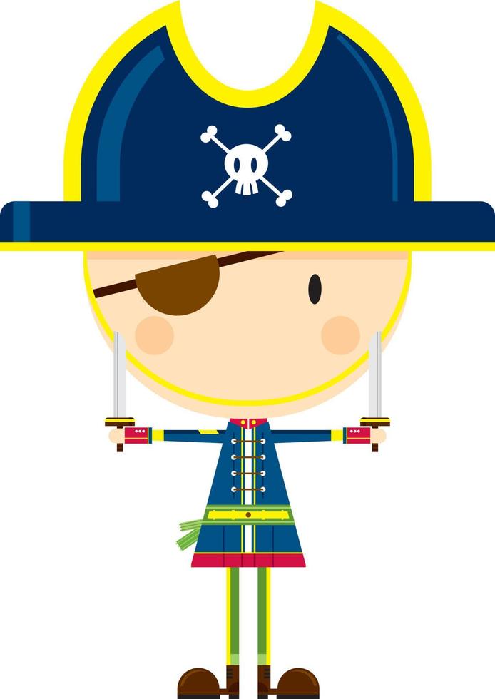 Cute Cartoon Swashbuckling Pirate Captain Character with Swords vector