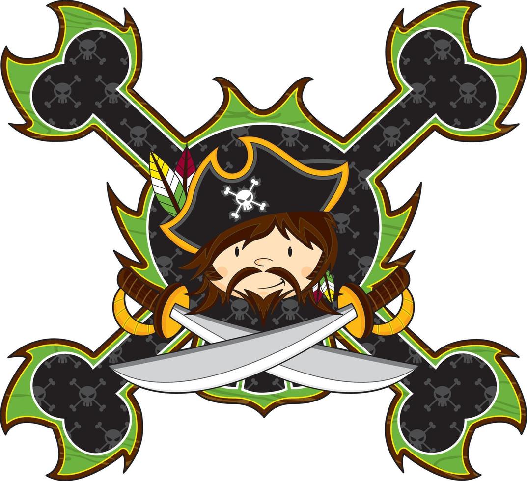 dibujos animados bravucón pirata capitán con cruzado espadas vector