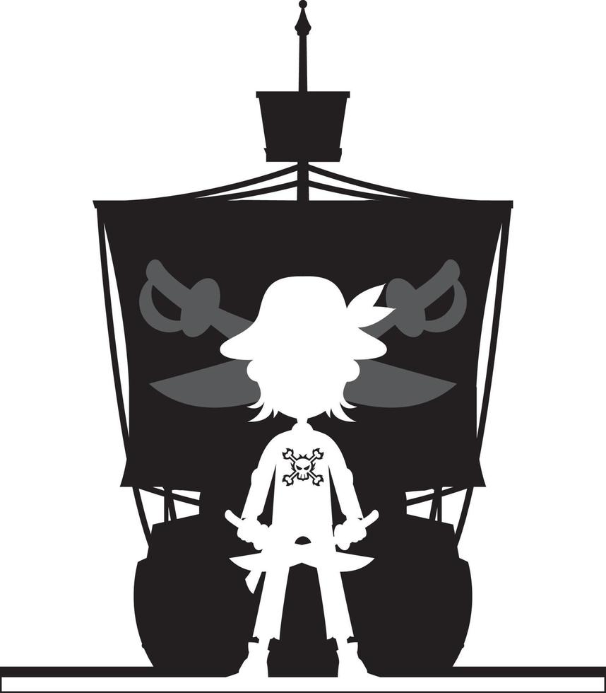 Cartoon Swashbuckling Pirate with Ship in Silhouette vector