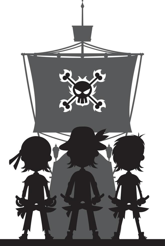 Cartoon Swashbuckling Pirates with Ship in Silhouette vector