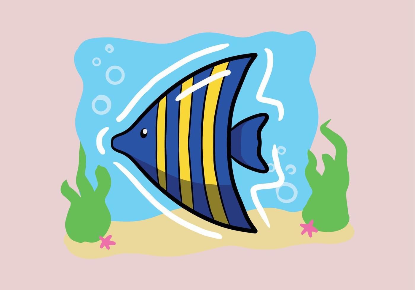 Hand drawn yellow and blue fish swimming sealife animal vector illustration design. Cute yellow and blue fish.