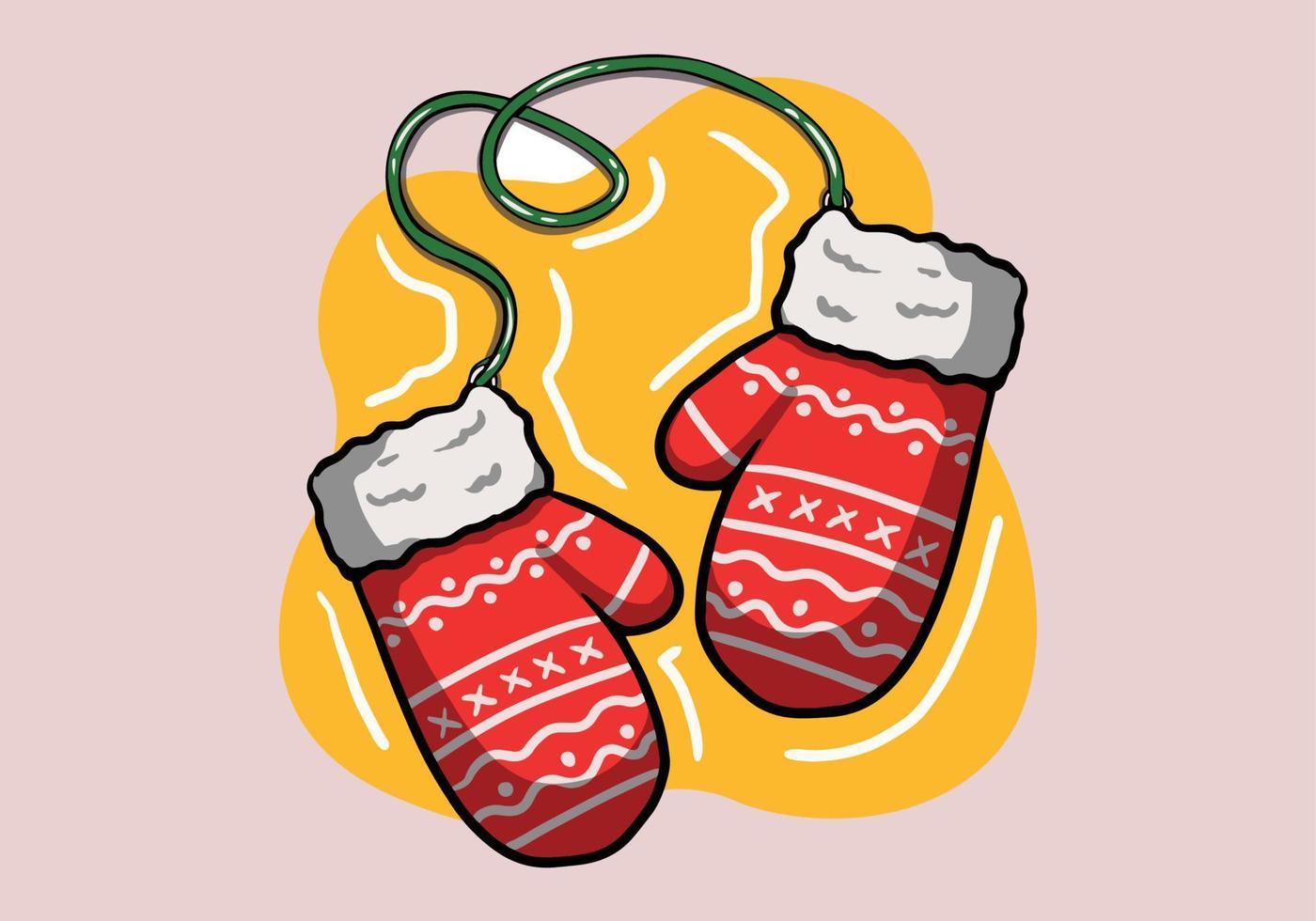 Hand drawn red pair of woolen knitted mittens with zigzag pattern. Cozy winter gloves isolated on background. vector