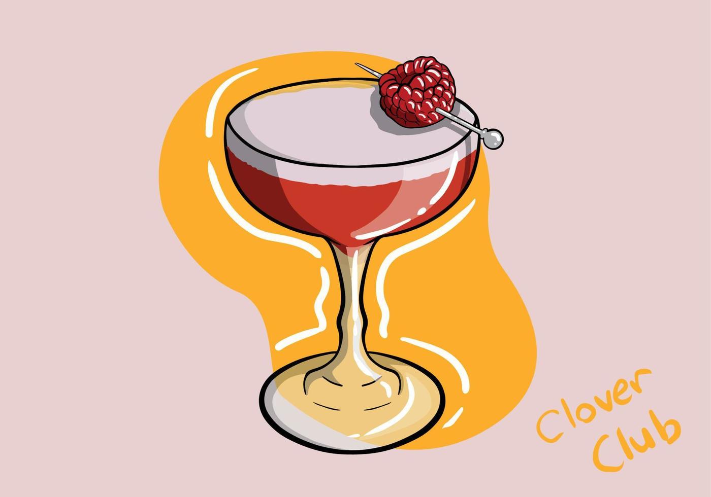 The Clover Club cocktail. Alcoholic cocktail of gin, raspberry syrup, protein and lime.Classic cocktail in a tall glass with raspberries and rosemary. vector