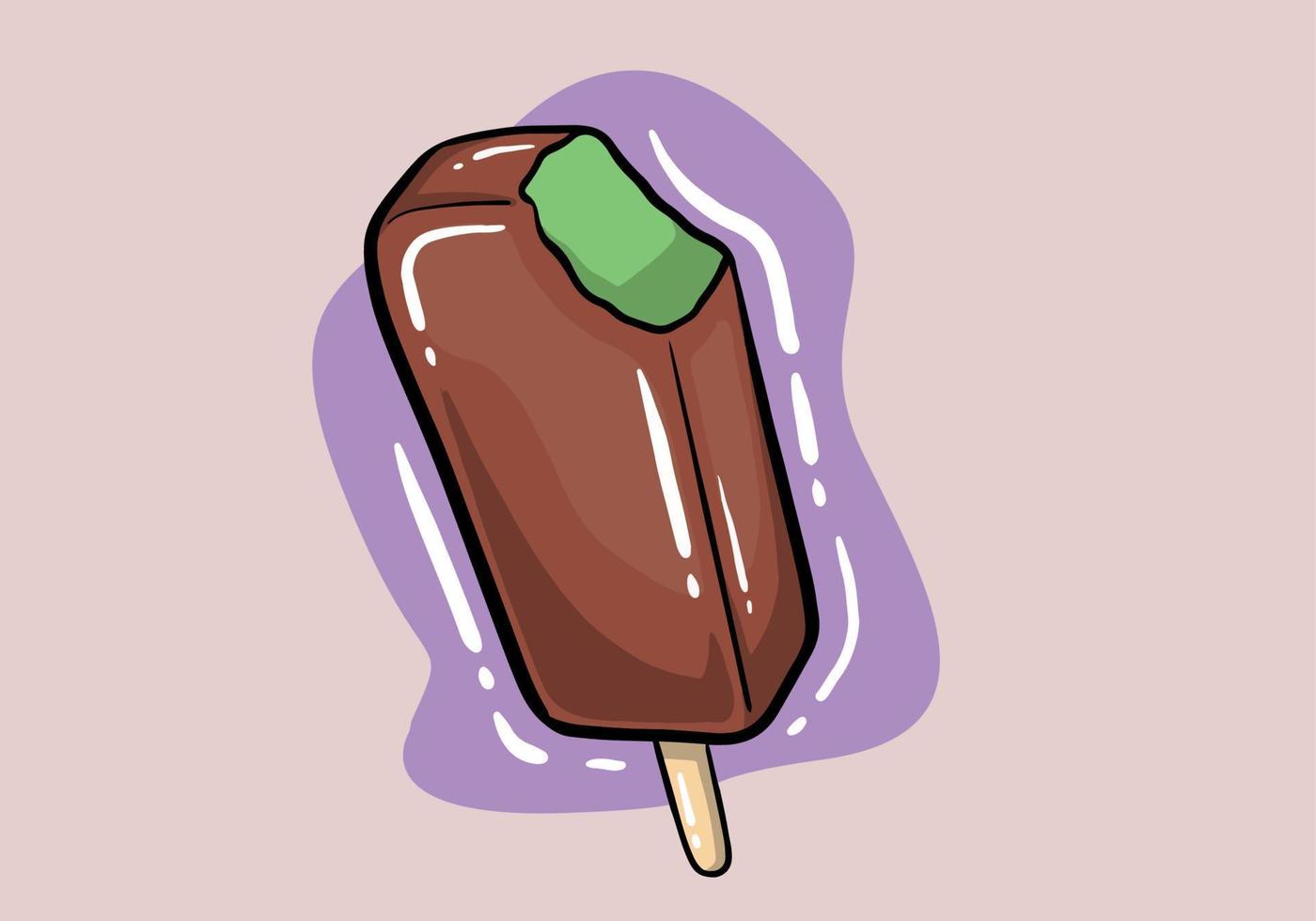 Whole and bitten ice cream hand drawn vector illustration. Popsicles covered chocolate with wooden stick isolated on background.