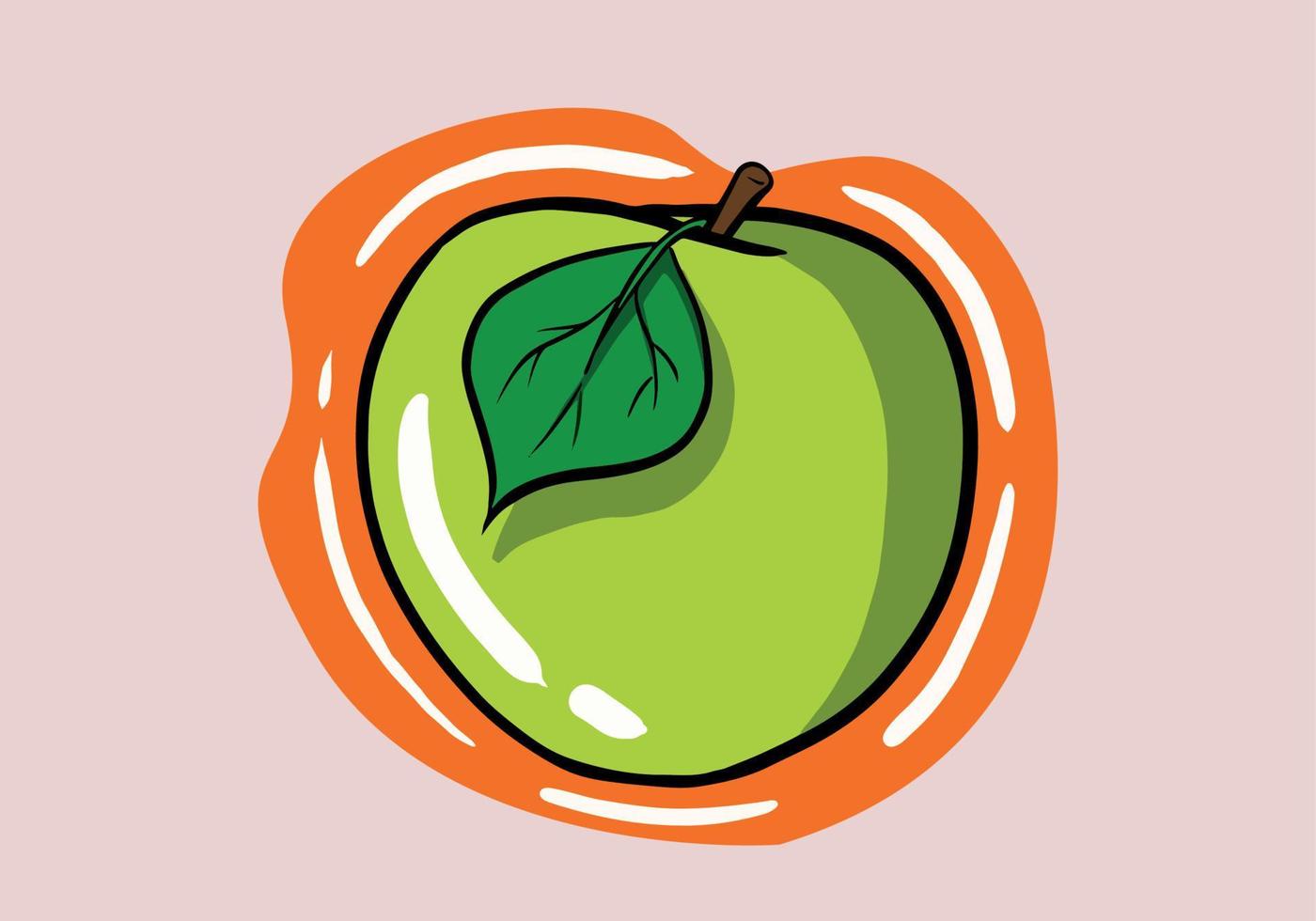 Hand drawn fresh green apple with leaf on isolated background cartoon vector illustration