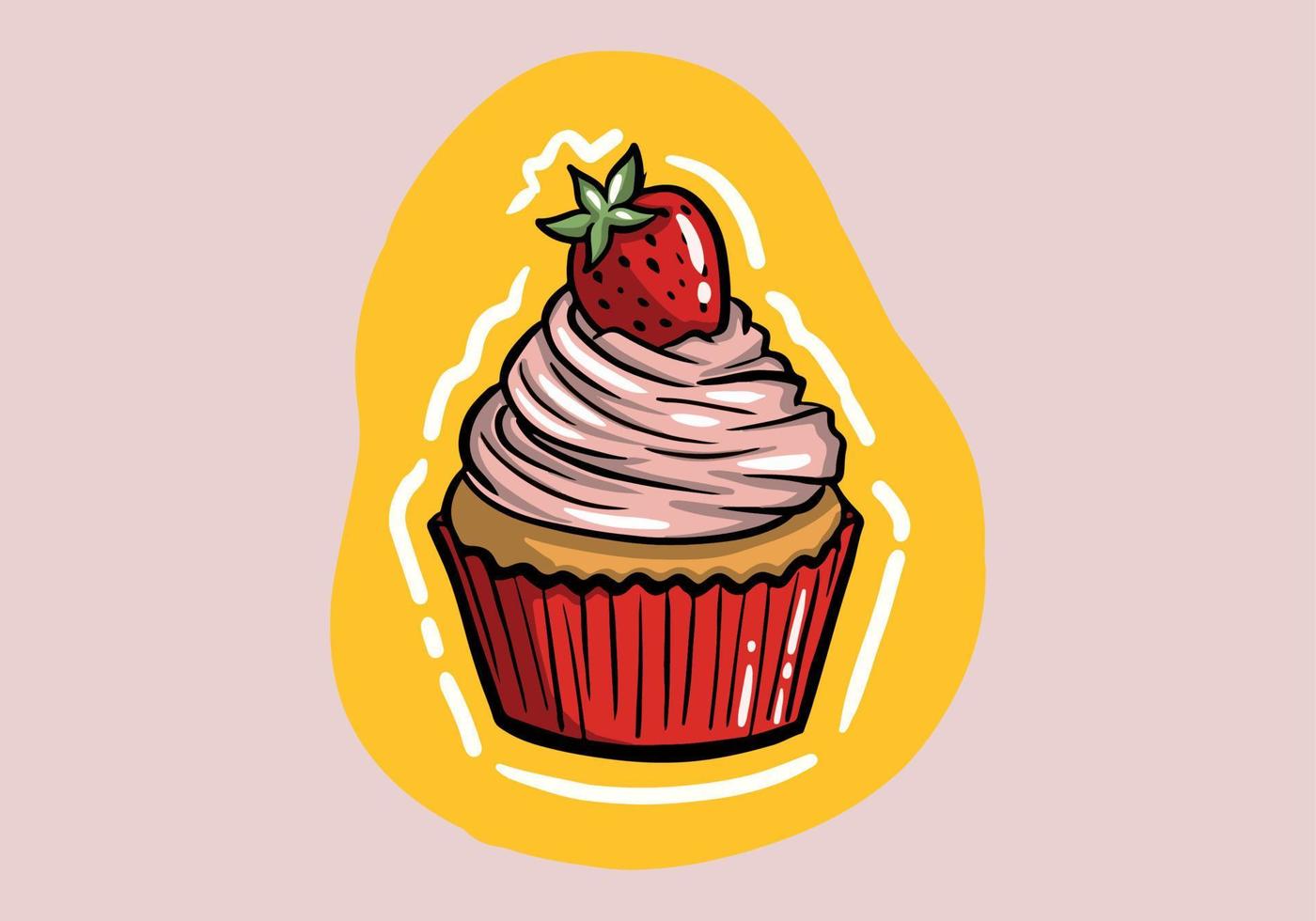 Vector of a sweet vanilla cupcake with strawberry and leaf on the top. Hand drawn cupcake