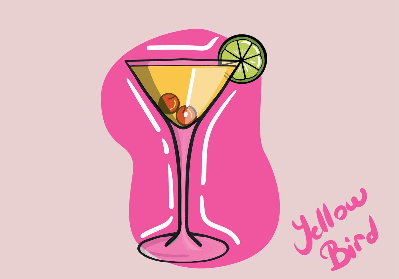 Hand drawn Vector Yellow Bird Cocktail Glass with lime and cherry. Alcohol drink