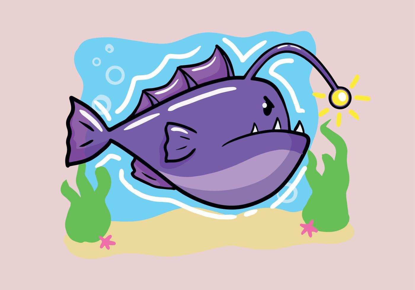 pescador de caña pez. mano dibujado pescador de caña pescado dibujos animados estilo. pescado con un Linterna. vector ilustración, aislado en antecedentes